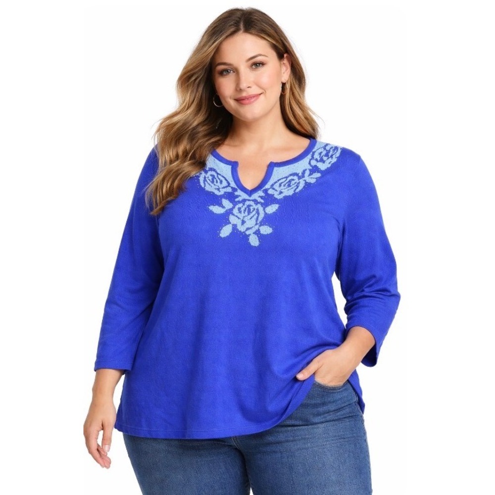 Floral 2X Sweater Blue & White Beaded Plus Sz stretchy lightweight evening party